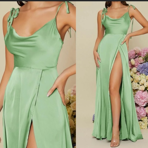 Luxurious tie shoulder wrap satin formal prom wedding evening party maxi dress - Picture 6 of 10